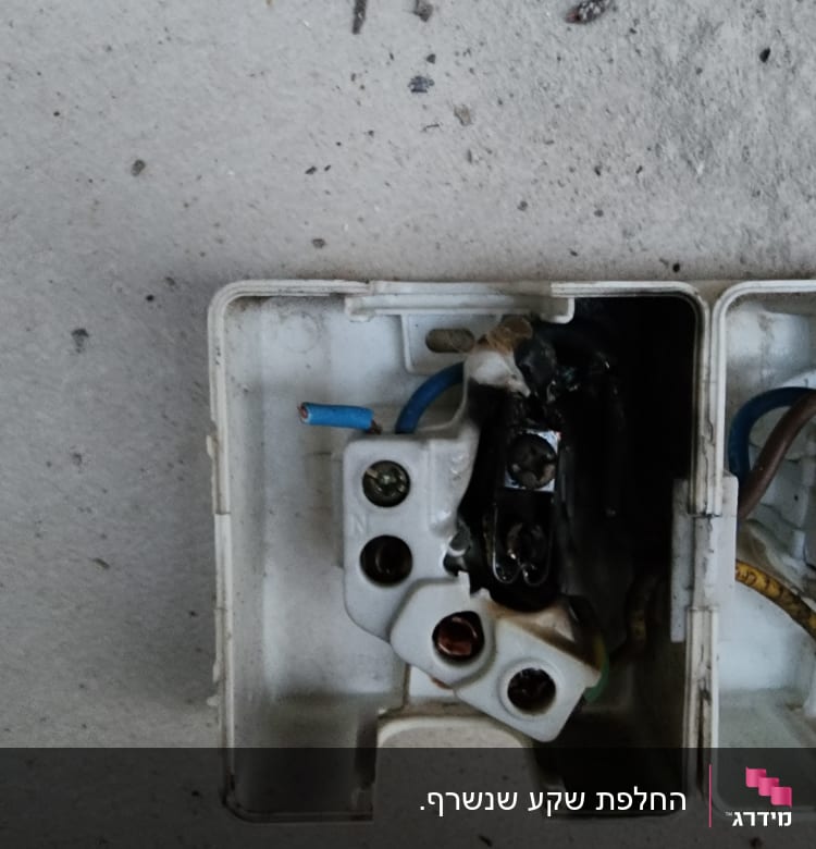 תיבת חיבורים חשמלית פתוחה עם חוטים חשופים